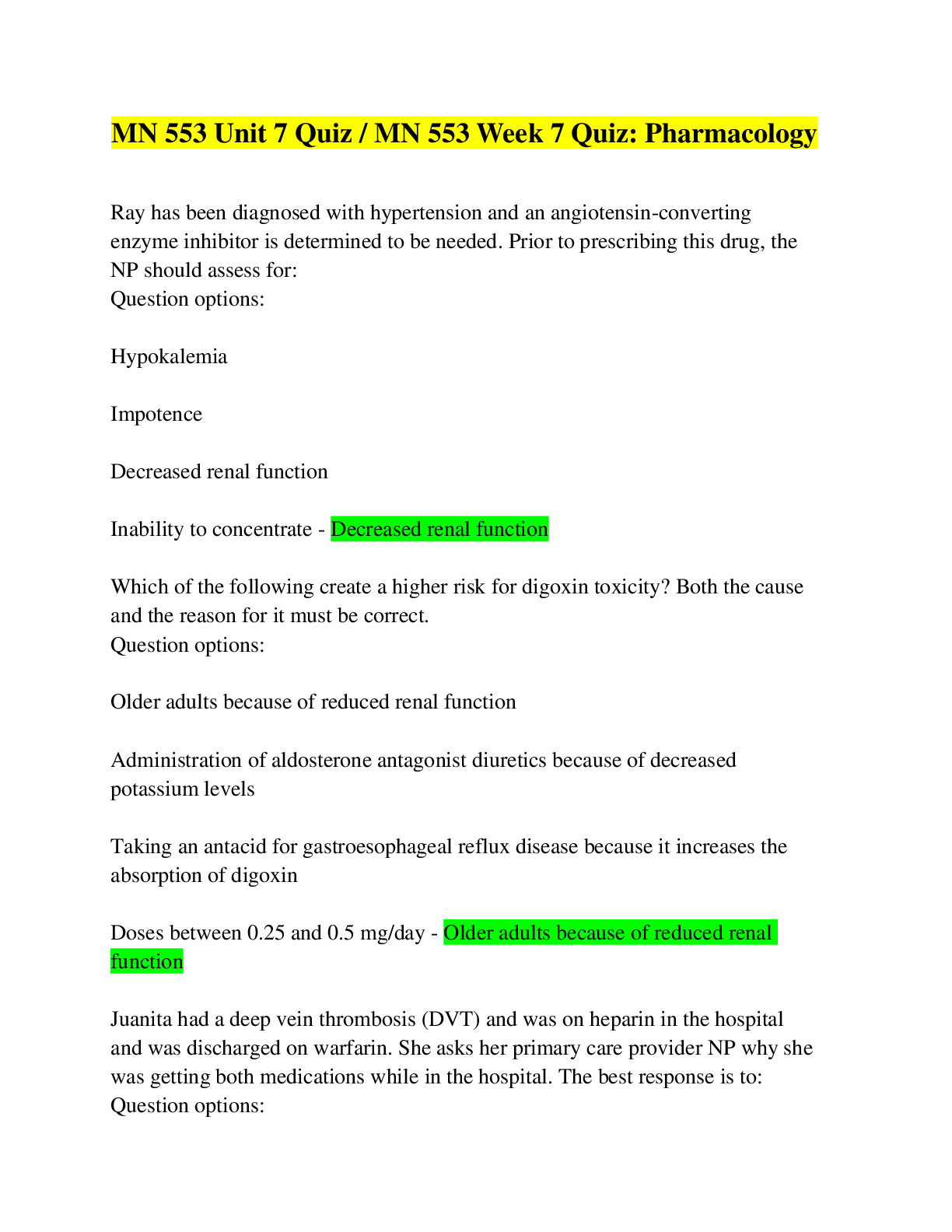 Preview image for MN 553 Unit 7 Quiz / MN 553 Week 7 Quiz: Pharmacology